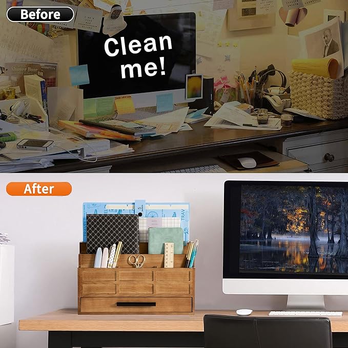 Brown Wood Desk Organizer and Accessories with Drawer, Bill Mail Organizer and File Mail Holder for Office Supplies, Rustic Desk Accessories & Workspace Organizers-NeatNest