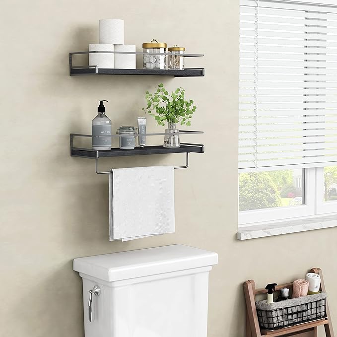 Forbena Black Floating Shelves for Bathroom Wall Set of 2, Kitchen Spice Rack Wall Mount, Modern Wood Hanging Wall Shelves for Bedroom Organizer, Restroom Pantry Closet Storage (Grey-Black)-NeatNest