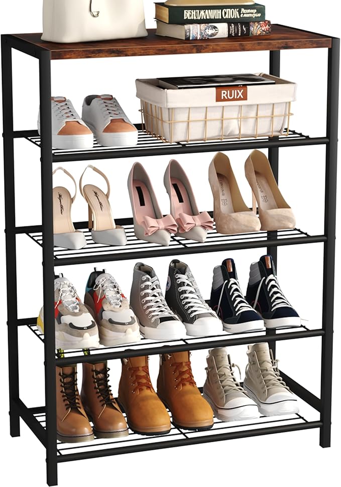 Yusong Shoe Rack Organizer, 5 Tier Industrial Shoe Storage Shelf, Narrow Sturdy Metal Shoe Shelves for Closet Entryway, Rustic Brown-NeatNest