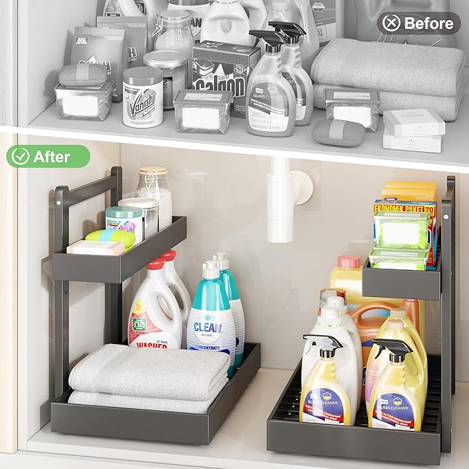 Under Sink Organizer - 1-Tier Pull Out Cabinet Organizer Vertical Slide Out Sink Shelf Storage Shelves for Multi-Purpose Bath Kitchen Bathroom Medicine (Black, 2 Packs)-NeatNest