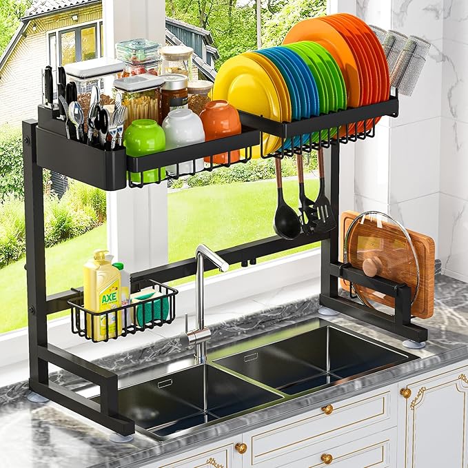 ADBIU Fit Sink 24.5"- 35.5" L Over Sink Dish Drying Rack (Expandable Dimension) Snap-On Design 2 Tier Large Kitchen Dish Rack Stainless Steel Counter Organization and Storage