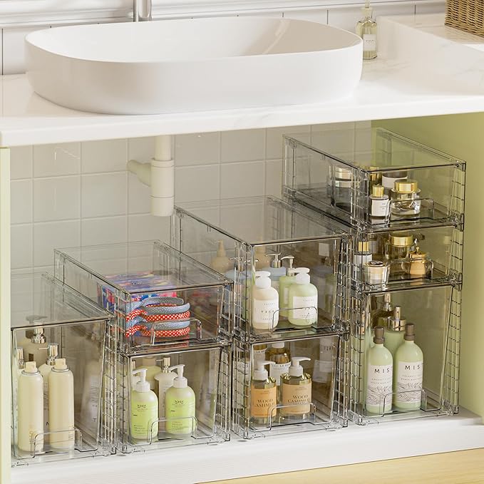 Vtopmart 3 Pack Clear Stackable Storage Drawers,Easy to Assemble Bathroom Organizers and Storage with handles,Plastic Drawers for Kitchen Pantry,Cabinet,Under Sink Organization-NeatNest