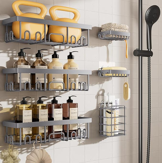 Veken 6-Pack Rustproof & Waterproof Shower Caddy, Adhesive Shelves Rack, Large Capacity Bathroom, College Dorm & Apartment Organizers, No-Drill Wall Mount Living Room & Bedroom Decor, Light Grey-NeatNest