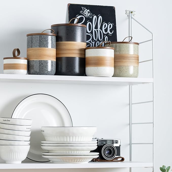 Ceramic Jar with Lid Airtight, Coffee Container Kitchen Food Storage Jars for Spice Sugar Tea Bag, Stackable Decorative Jars for Countertop, Grey & 18oz-NeatNest