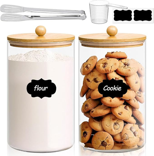 ComSaf 1 Gallon Cookie Jar, Large Glass Jar with lid, Glass Canisters with Lids Set of 2, 3.9 Qt Flour Container with Spoon and Clip, Glass Food Storage Pantry Containers for Sugar Oat Beans Pasta-NeatNest