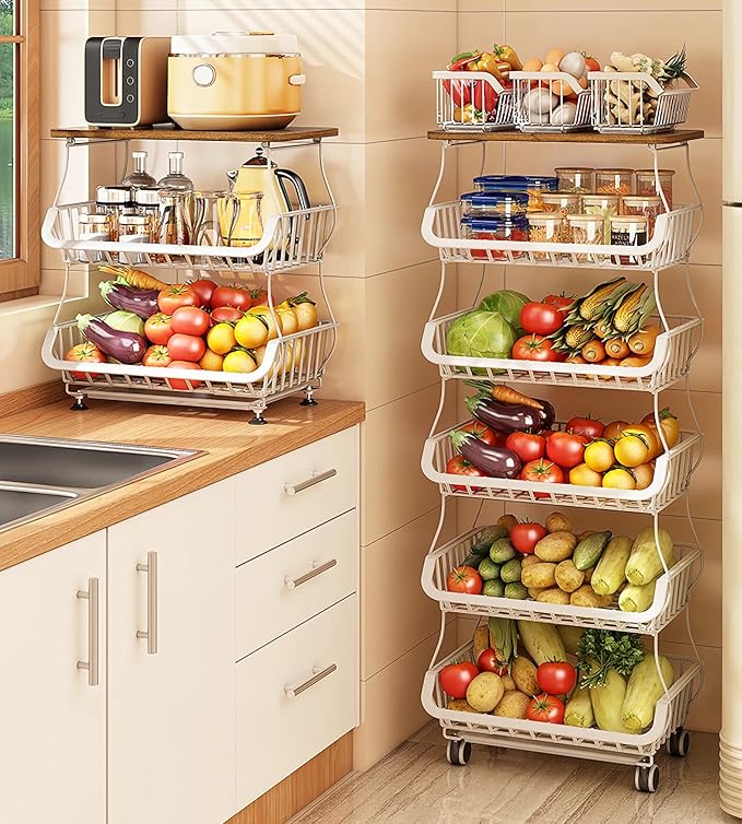 MURRI&MURRDI Fruit Vegetable Storage Basket with Wooden Lid, 6 Tier Stackable Storage Baskets with Wheels Produce Basket Organizer for Kitchen Rolling Rack Storage Cart for Pantry (White 6 Layer)
