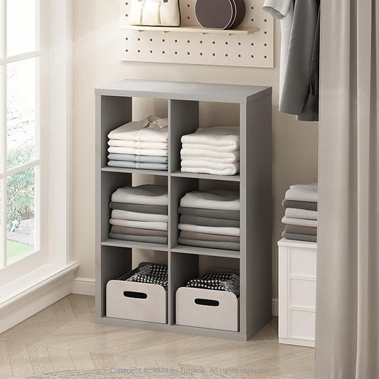 Furinno Cubic Open Back Multipurpose Clothing & Closet Storage Organizer Shelf, 6-Cube, Light Grey