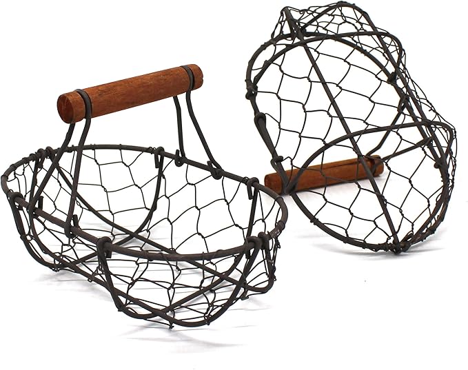 CVHOMEDECO. Chicken Wire Egg Baskets Rust Gathering Baskets with Wooden Handle Country Vintage Style Storage Baskets. Set of 2 (Oval)