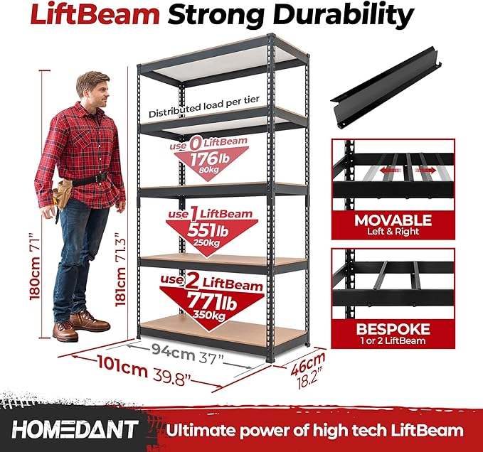 HOMEDANT 5-Tier Laminated Boltless Heavy Duty Metal Shelving Unit Adjustable Garage Storage Utility Rack Shelves Organization Multipurpose Shelf Warehouse Industrial 39.8" W x 18.2" D x 71.3" H 4Pack-NeatNest
