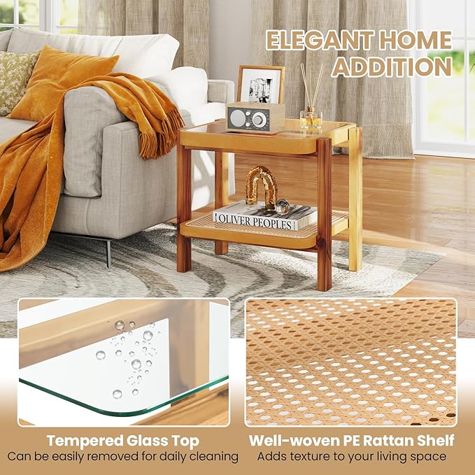 GOFLAME Rattan End Table, Boho Nightstand with Tempered Glass Top, Rattan Storage Shelf, Solid Wood Legs, Sofa Side Accent Table, 2 Tier Glass Side Table for Living Room, Bedroom, Natural