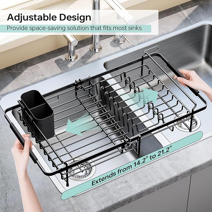 Expandable Dish Drying Rack Over The Sink, Adjustable Dish Rack in Sink, Dish Drainer for Kitchen Counter, Dish Strainer with Utensil Holder, Dish Rack Fit for 14"-19" Kitchen Sink, Matte Black
