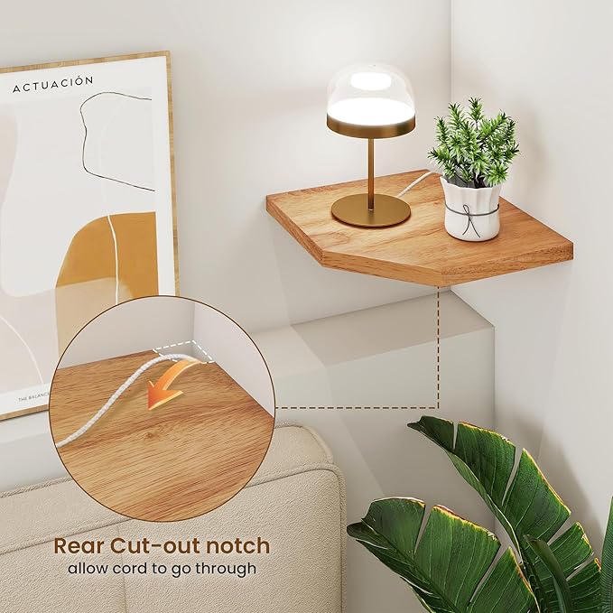 Fun Memories Corner Shelf Wall Mount, Solid Oak Wood Floating Corner Shelves with Cable Hole, 10in Rustic Design for Bedroom, Bathroom, Kitchen, Living Room (Natural, 1 Pack)-NeatNest