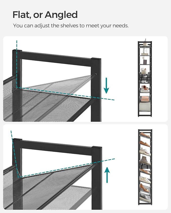SONGMICS Shoe Rack, 8-Tier Shoe Organizer, Metal Rack for Garage, Set of 2, 4-Tier Stackable Shelf, with Adjustable Flat or Angled Shelves, 32-40 Pairs, Ink Black ULMR08B-NeatNest