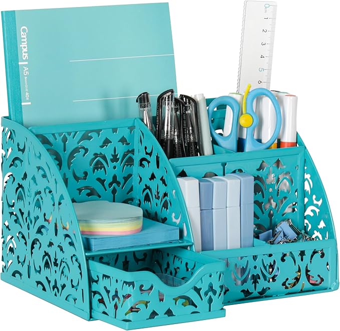 EasyPAG Desk Organizer with Sliding Drawer - 6 Compartments Metal Desktop Caddy, Decorative Elegant Hollow Flower Design, Anti-Scratch Pads for Home, Office, School, Dark Teal-NeatNest