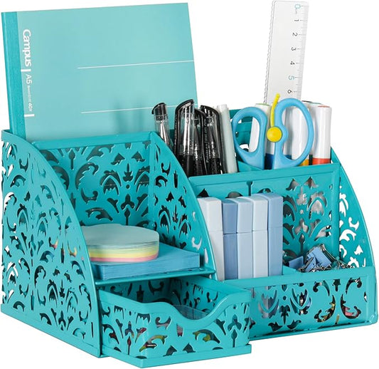 EasyPAG Desk Organizer with Sliding Drawer - 6 Compartments Metal Desktop Caddy, Decorative Elegant Hollow Flower Design, Anti-Scratch Pads for Home, Office, School, Dark Teal-NeatNest