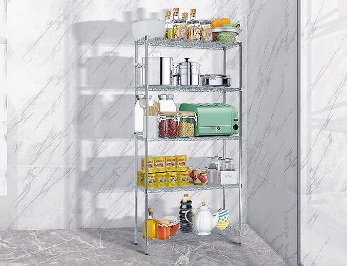 5-Tier Metal Wire Shelving Unit Snack Shelf Height Adjustable Storage Rack NSF Certified Storage Shelves 1250 Lbs Capacity Standing Utility Shelf for Laundry Kitchen Pantry Garage Organization