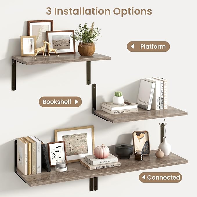 Fun Memories Floating Shelves for Wall, 12 Inch Deep Floating Shelves Set of 2, Wall Mounted Shelf with Metal Brackets, Rustic Wood Wide Shelf for Bathroom, Kitchen and Living Room, Grey, 24W x 12D-NeatNest