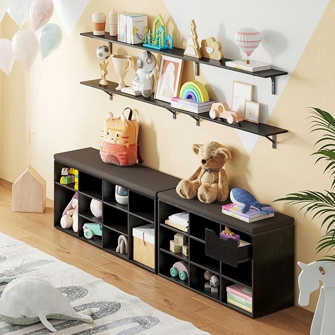 DINZI LVJ Shoe Storage Bench with Cushion, Cubby Shoe Rack with 12 Cubbies, Adjustable Shelves, Multifunctional Shoe Organizer Bench for Entryway, Mudroom, Hallway, Closet and Garage, Espresso-NeatNest