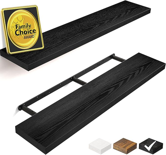 BAYKA Floating Shelves for Wall, 36 inches Long Wall Mounted Rustic Wood Shelves for Bathroom, Bedroom, Living Room, Kitchen, Office, Hanging Shelf for Books/Storage/Decor(Black,Set of 2)-NeatNest
