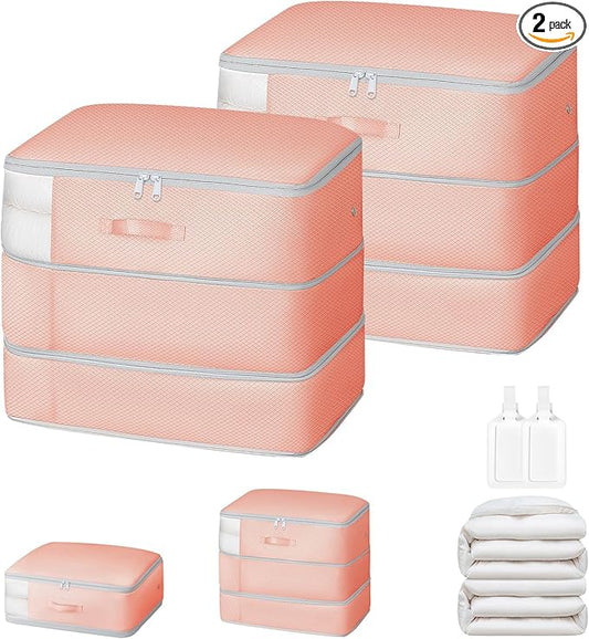 Comforter Storage Bag - Large Capacity Blanket Storage Bags 3-Layer Ultra Space Saving Self Compression Organizer, Washable Compression Bags for Storage Comforter Blanket, 2-Pack, Pink-NeatNest