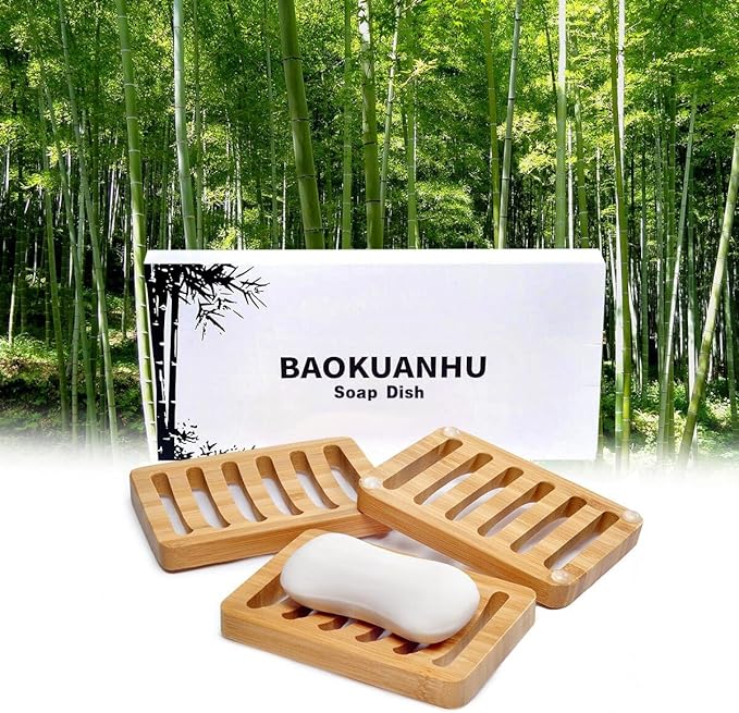 3 Pack Bamboo Wood Soap Dish Bar Soap Holder with Self Draining Tray Natural Waterfall Drain Soap Saver for Shower Bathroom Kitchen-NeatNest