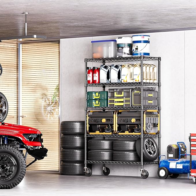 IZEUK 5-Tier Storage Shelving Unit with Wheels, Adjustable Heavy Duty Steel Wire Rack Organizer (Black, 17.7" D x 47.2" W x 76.7" H, 1750 lbs Capacity) for Garage, Kitchen, Office, Laundry, Basement-NeatNest