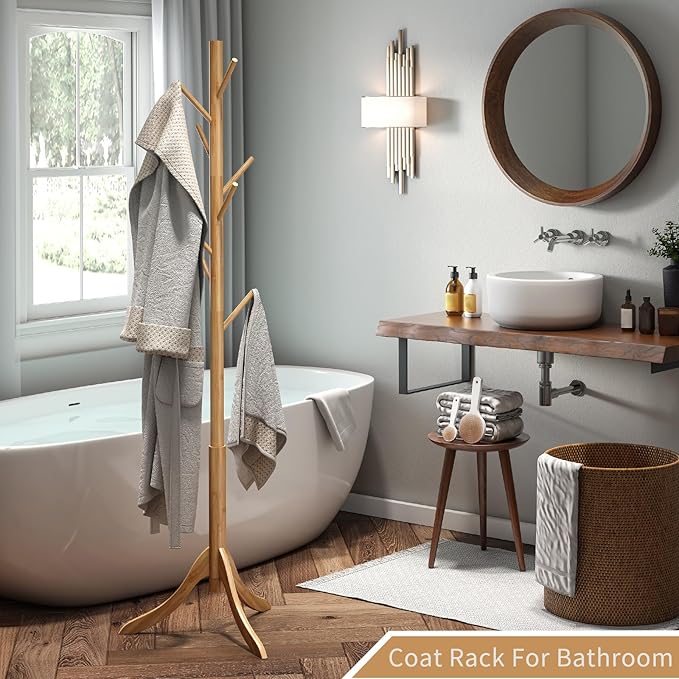 Coat Rack Freestanding, Coat Stands Entryway, Bamboo Coat Rack Hat Hanger 8 Hook for Jacket, Purse, Scarf Rack, Umbrella Tree Stand (Natural)-NeatNest