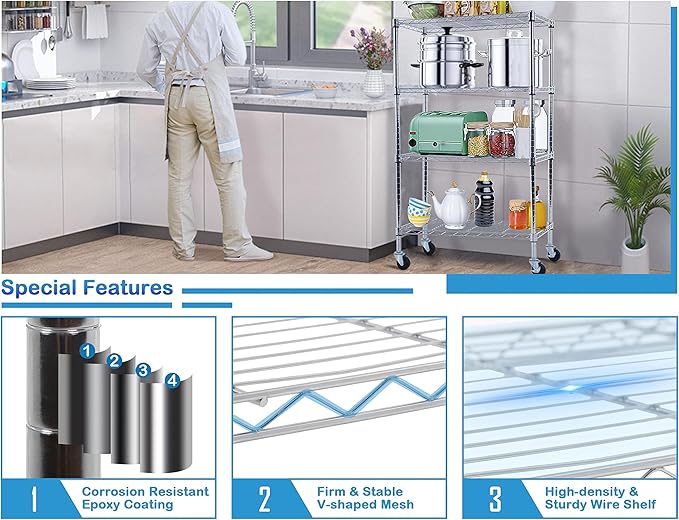 4-Tier Metal Wire Shelving Unit Kitchen Shelf Organizer Height Adjustable Storage Rack Utility Snack Shelf, NSF Certified Storage Shelves for Laundry Bathroom Kitchen Pantry Organization