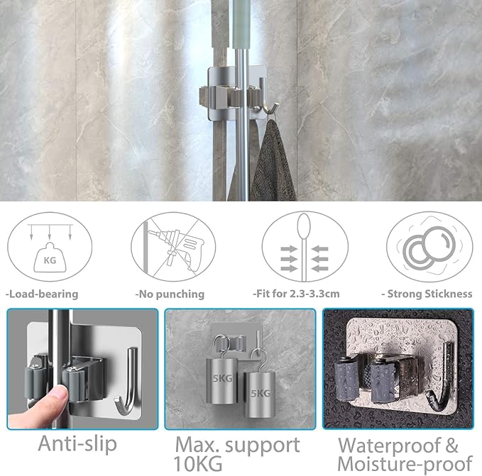 Mop Broom Holder No Drill, Mop Broom Organizer Wall Mounted Heavy Duty with Hooks Hanger, Self Adhesive Stainless Steel 4Pcs for Bathroom, Kitchen, Office (Grey)-NeatNest