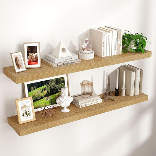 Floating Shelves for Wall, 48"W x 9"D x 1.5"H, 2 Pack of Long Wall Mounted Engineered Wood Shelves with Invisible Brackets for Living Room, Bedroom, Bathroom, Kitchen Decor and Storage, Oak-NeatNest
