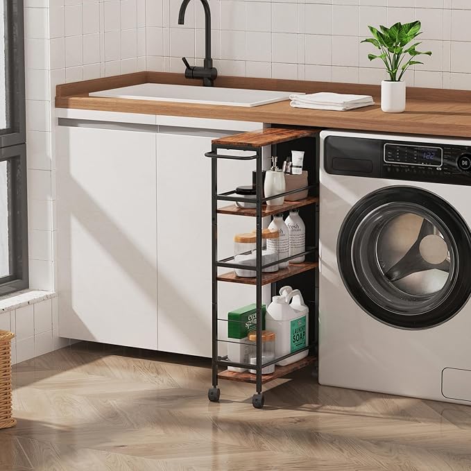 Slim Rolling Cart, 4-Tier Kitchen Storage Rolling Cart, Narrow Cart with Handle,Mobile Utility Cart for small Space, Shelving Unit for Kitchen,Dining Room,Living Room,Home Office,Laundry Room