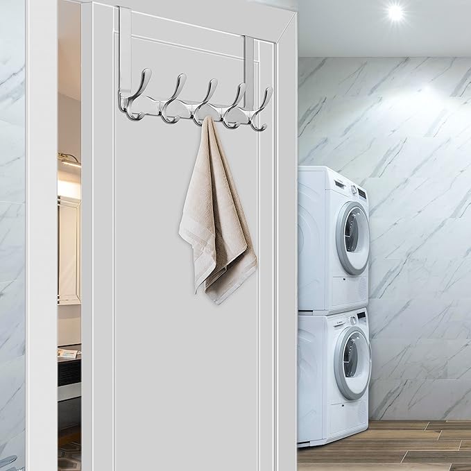 WEBI Over The Door Hook 5 Coat Hooks,Over The Door Towel Rack,Door Hanger Over Door Coat Rack for Hanging Towels,Clothes,Bathroom,Chrome