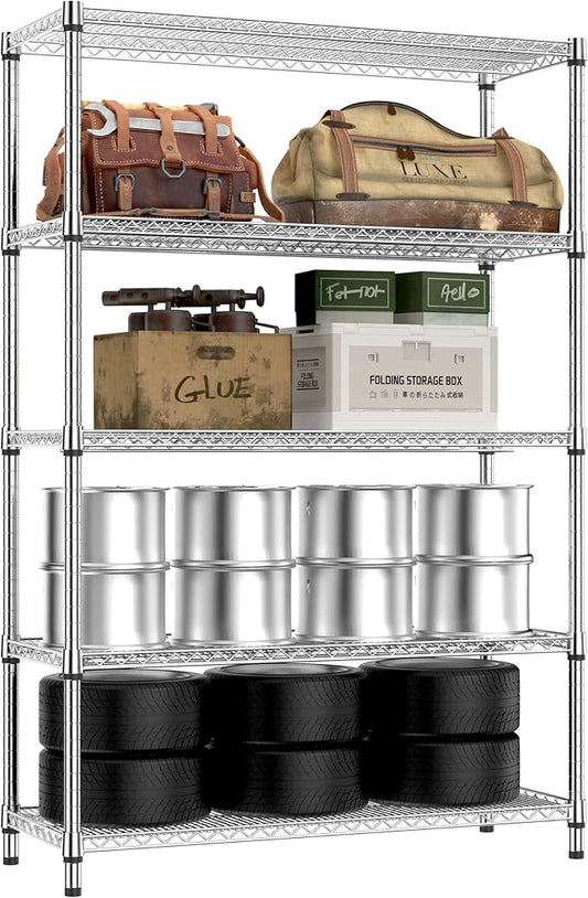 IZEUK 4250 LBS Garage Shelving Wide Storage Shelves 5 Tier Metal Shelves Heavy Duty Adjustable Utility Shelf Rack Chrome 17.7" D x 47.2" W x 70.4" H-NeatNest