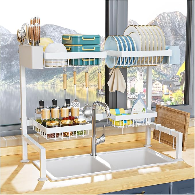 YKLSLH Over Sink Dish Drying Rack, Expandable Large Drying Rack, Suitable for Most Sinks (24.8"-35.4"), Adjustable Metal Rack, Space Saving, White