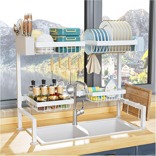 YKLSLH Over Sink Dish Drying Rack, Expandable Large Drying Rack, Suitable for Most Sinks (24.8"-35.4"), Adjustable Metal Rack, Space Saving, White
