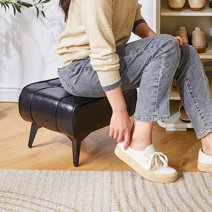YMYNY Ottoman, Foot Stool with Metal Legs, Faux Leather Stool, Pouf Couch Stool, Modern Multifunctional Small Square Accent Small Table for Bedroom, Living Room 15.75"D×11.81"W×10.24"H Black UHBD037B