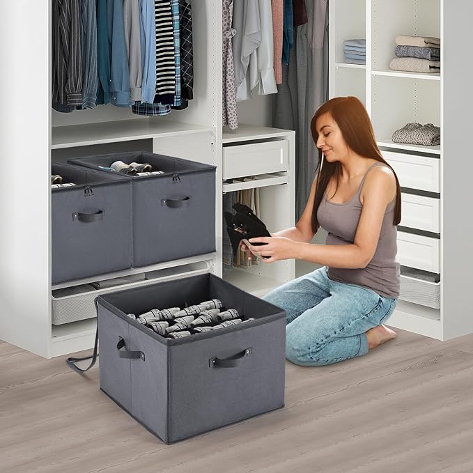 2 Pack Closet Shoe Organizer Box Fits 32 Pairs, Fabric Shoe Storage Box Bins Cubes with Clear Cover, Space Saving Shoes Holder for Shoes, Sneakers, Sandal and High Heeled (Grey)-NeatNest