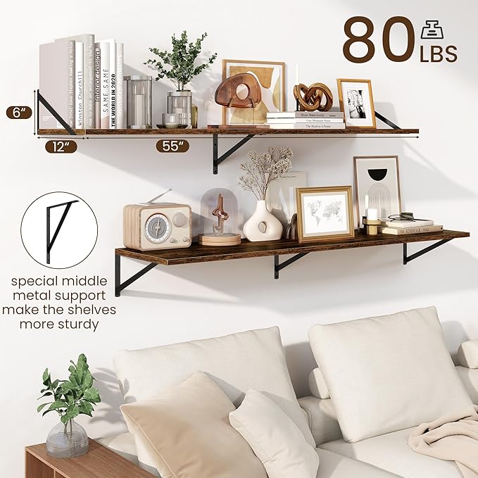 Fun Memories Floating Shelves for Wall, 12 Inch Deep Floating Shelves Set of 2, 55W x 12D Large Wall Shelf with Sturdy Metal Brackets for Living Room, Bathroom, Bedroom and Kitchen, Rustic Brown-NeatNest