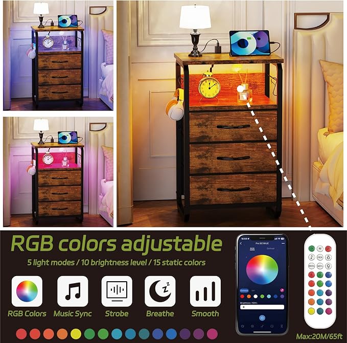 Tall Nightstand Set of 2 with Charging Station, Bed Side Tables Bedroom Set of 2, LED Night Stand Set 2, Bedside Table with Drawers, Night End Table with Storage for Bedroom, Dorm Rustic Brown