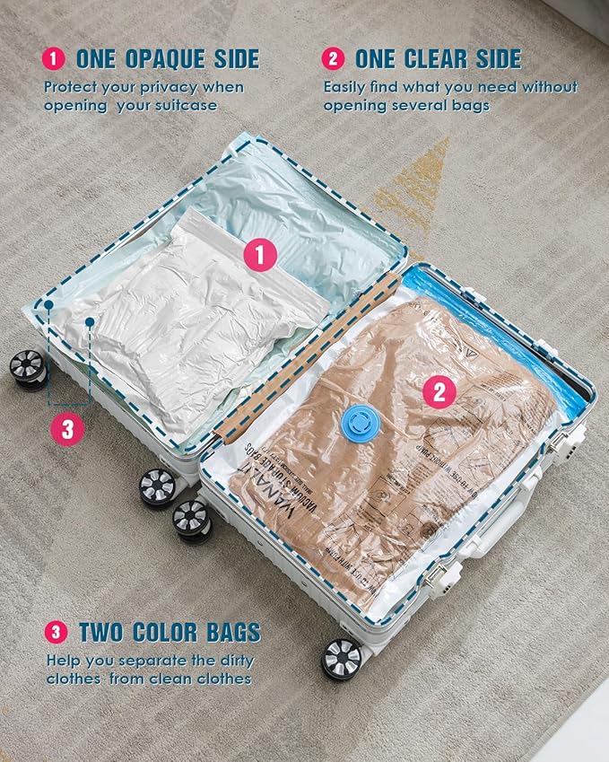 Travel Vacuum Storage Bags with Hand Pump, 8 Pack (4S+4XS) Vacuum Seal Bag Travel Essentials Space Saving Bags for Clothes, Luggage, Carry-on Suitcase, Backpack, Holiday Business Trip-NeatNest