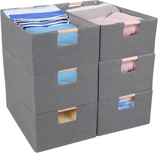 ANMINY 6PCS Storage Baskets for Organizing Collapsible Fabric Storage Bins Boxes with Wood Handles Closet Shelves Cube Organizer Bins Clothes Laundry Storage Container - Medium, Gray-NeatNest