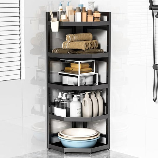 5 Tier Standing Corner Shower Caddy,Waterproof and Rust Proof,Adjustable Height,Multi-functional Tiered Storage for Shower Gel,Shampoo,Cosmetics,Kitchen Supplies,Black