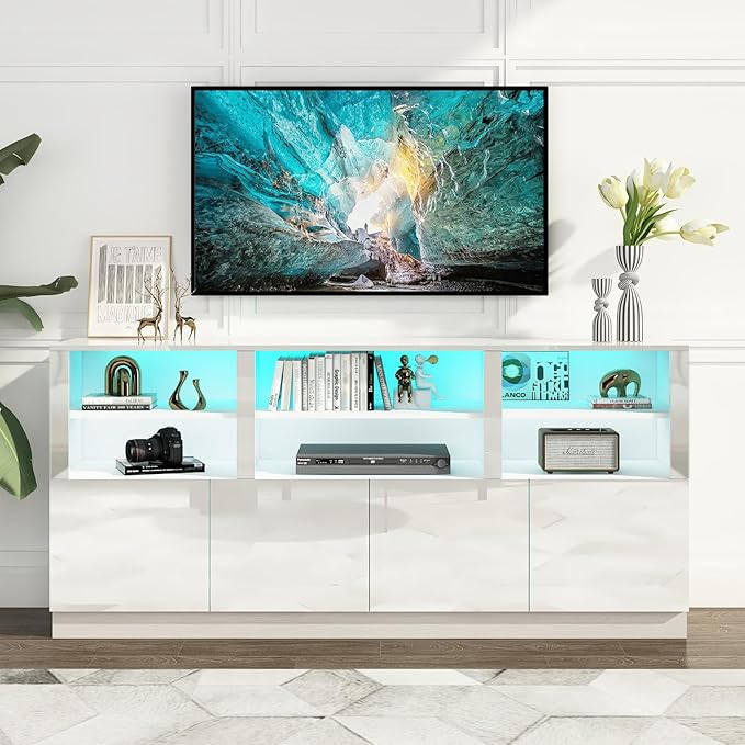 32'' Tall White TV Stand for 65/75/80/85 Inch TVs with RGB LED Lights,Modern High Gloss Entertainment Center Cabinet Stands with Storage Shelves and Doors,TV Media Console Table for Living Room-NeatNest