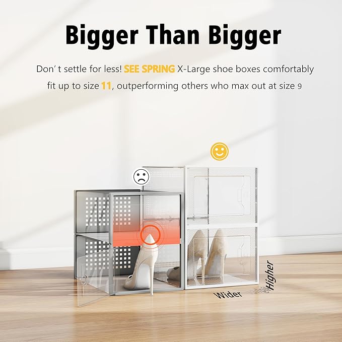 SEE SPRING X-Large Shoe Storage Box Fit Size 11, Clear Plastic Stackable Shoe Organizer for Closet, Space Saving Foldable Shoe Rack Sneaker Container Bin Holder, 12 Pack Clear-NeatNest