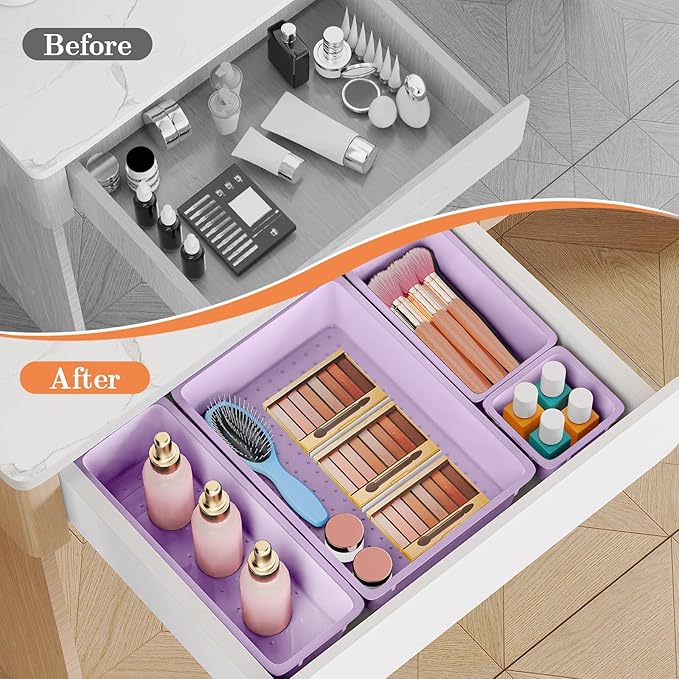 25 PCS Plastic Drawer Organizer Set, 4-Size Versatile Organizer Trays & storage Bins for Makeup, Jewelry, and Gadgets in Bathroom, Bedroom and Office, Purple-NeatNest