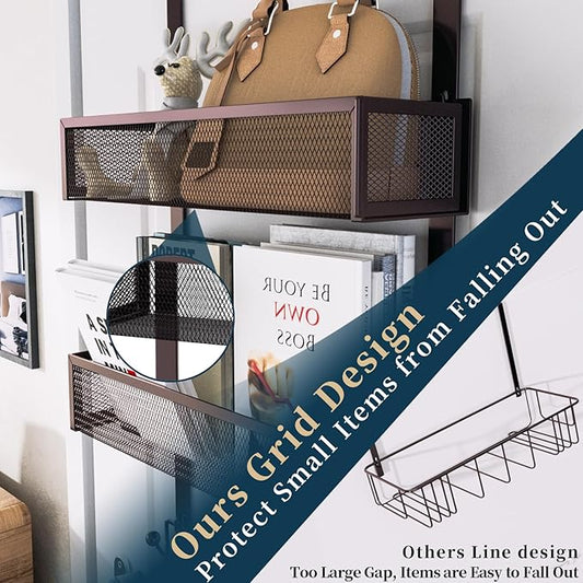 Consumest Over The Door Hooks Organizer - Extra Long Door Hanger with 9 Coat Hooks & 2 Mesh Basket, Back Storage Organizer Hanging Towels for Bathroom, Bedroom, Bronze (for 1.76in Doors)-NeatNest