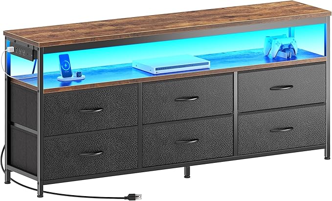 Huuger LED TV Stand for Bedroom, 55 Inch Fabric Dresser with Power Outlets, Entertainment Center for 60, 55 Inch TV, 6 Drawer Dresser for Bedroom, Chest of Drawers with Shlef, PU Leather, Rustic Brown-NeatNest