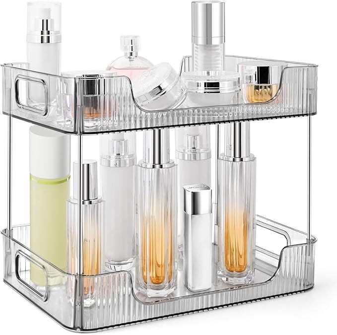 2-Tier Bathroom Counter Organizer Countertop Storage, Dresser Organizer Vanity Tray for Makeup, Perfume Organizer Cosmetics Skincare Shelf- Grey-NeatNest