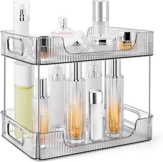2-Tier Bathroom Counter Organizer Countertop Storage, Dresser Organizer Vanity Tray for Makeup, Perfume Organizer Cosmetics Skincare Shelf- Grey-NeatNest