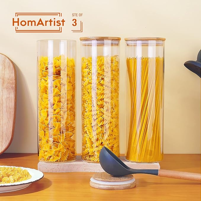 Glass Jars with Bamboo Lids 79 FL OZ [Set of 3], Glass Canisters with Airtight Lids, Glass Food Storage Containers for Spaghetti, Fettuccine, Linguine,Pasta, Best for Kitchen & Pantry-NeatNest
